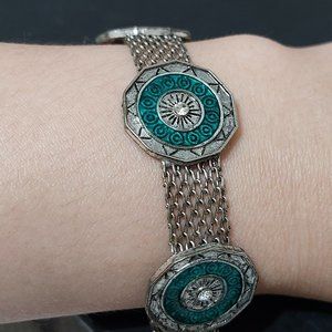 Antique Silver Tone Chain Bracelet Green Silver